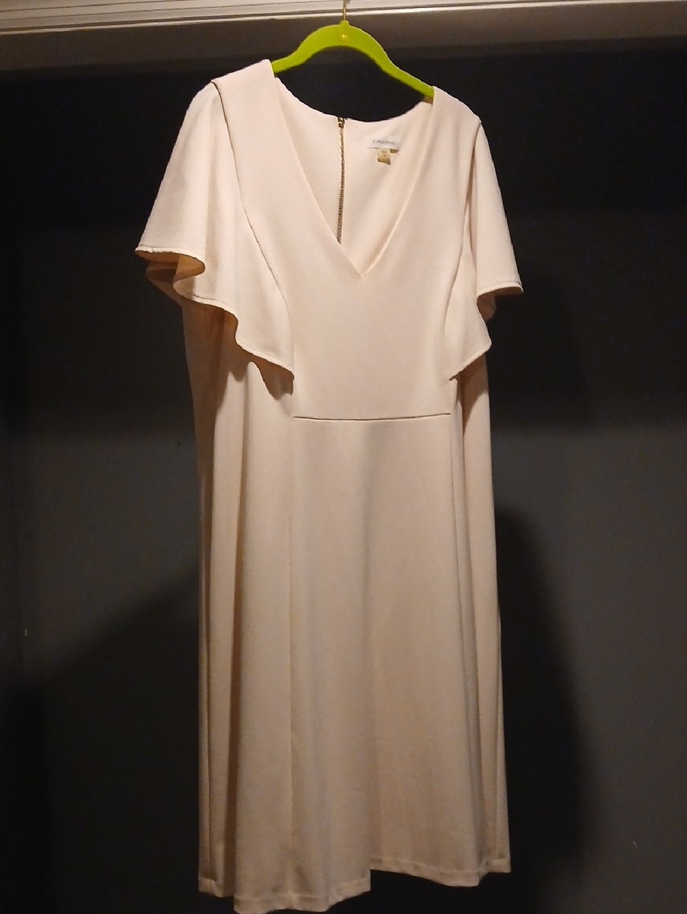 Calvin Klein Cream V-Neck Midi Dress with Flutter Sleeves